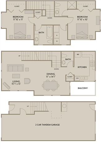 Floor plan for 2 beds, 2.5 baths, 1375 sqft